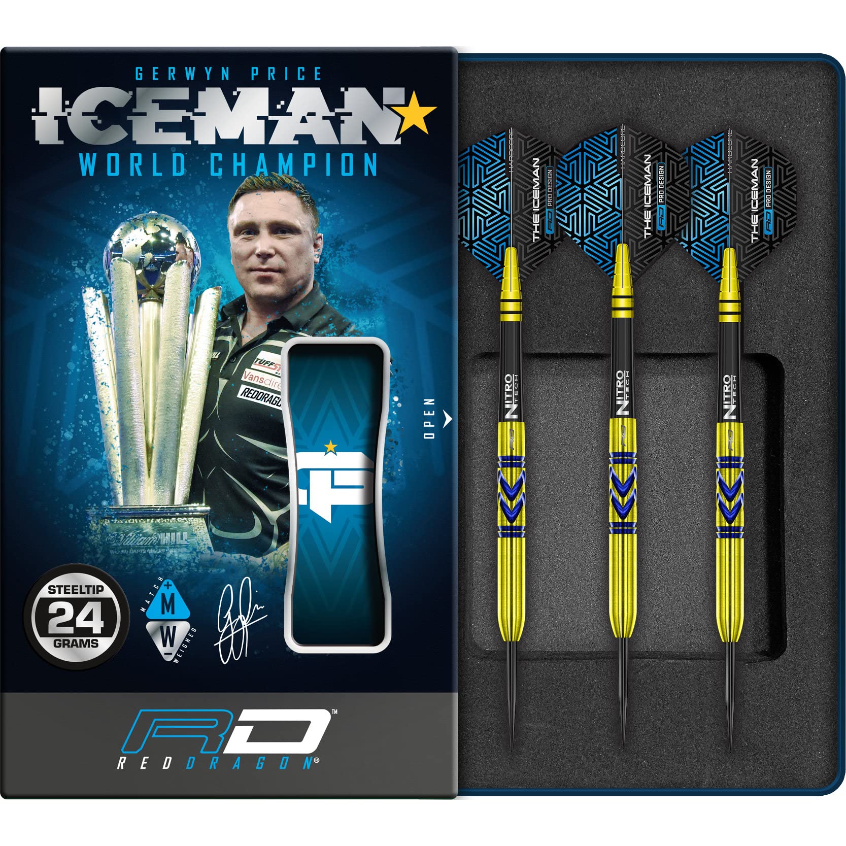 RED DRAGON Gerwyn Iceman Price Avalanche Pro Gold 24 Gramm Premium Tungsten Darts Set mit Flights und Stielen