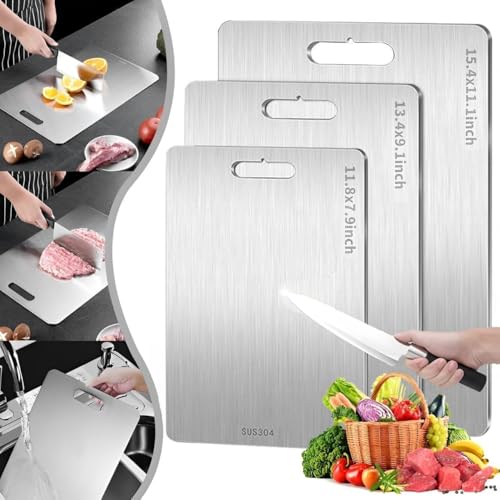 Titan Schneidebrett, 100% Reine Titanium Cutting Board, 304 Edelstahl Doppelseitiges Lebensmittel Grade Schneidebrett, Schneidebrett Metall für Fleisch, Brot, Gemüse, Obst Schneiden (3 Stück)