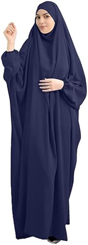 Ravent Frauen Muslim Hijab Kleidung Islam Dubai Abaya Gebetskleid Einfarbig Lose Einteiler Vollabdeckung Muslimische Mode Fledermausärmel Jilbab Robe Kleid, Dunkelblau, Einheitsgröße