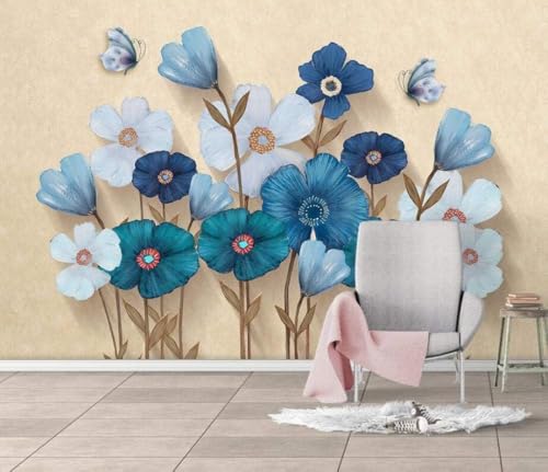 Tulpen Blaue Blumen Schmetterlinge 3D Tapete Poster Restaurant Schlafzimmer Wohnzimmer Sofa TV Dekorative Wand-300cm×210cm