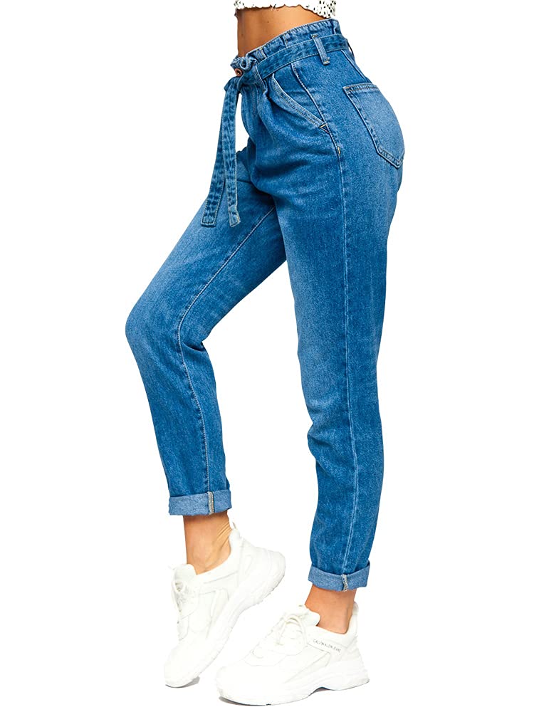 BOLF Damen Jeanshose Jeans Used Look Jeanspants Destroyed Denim Style Regular Fit Narrow Leg Freizeit Casual Style DM312N-4 Dunkelblau M [F6F]