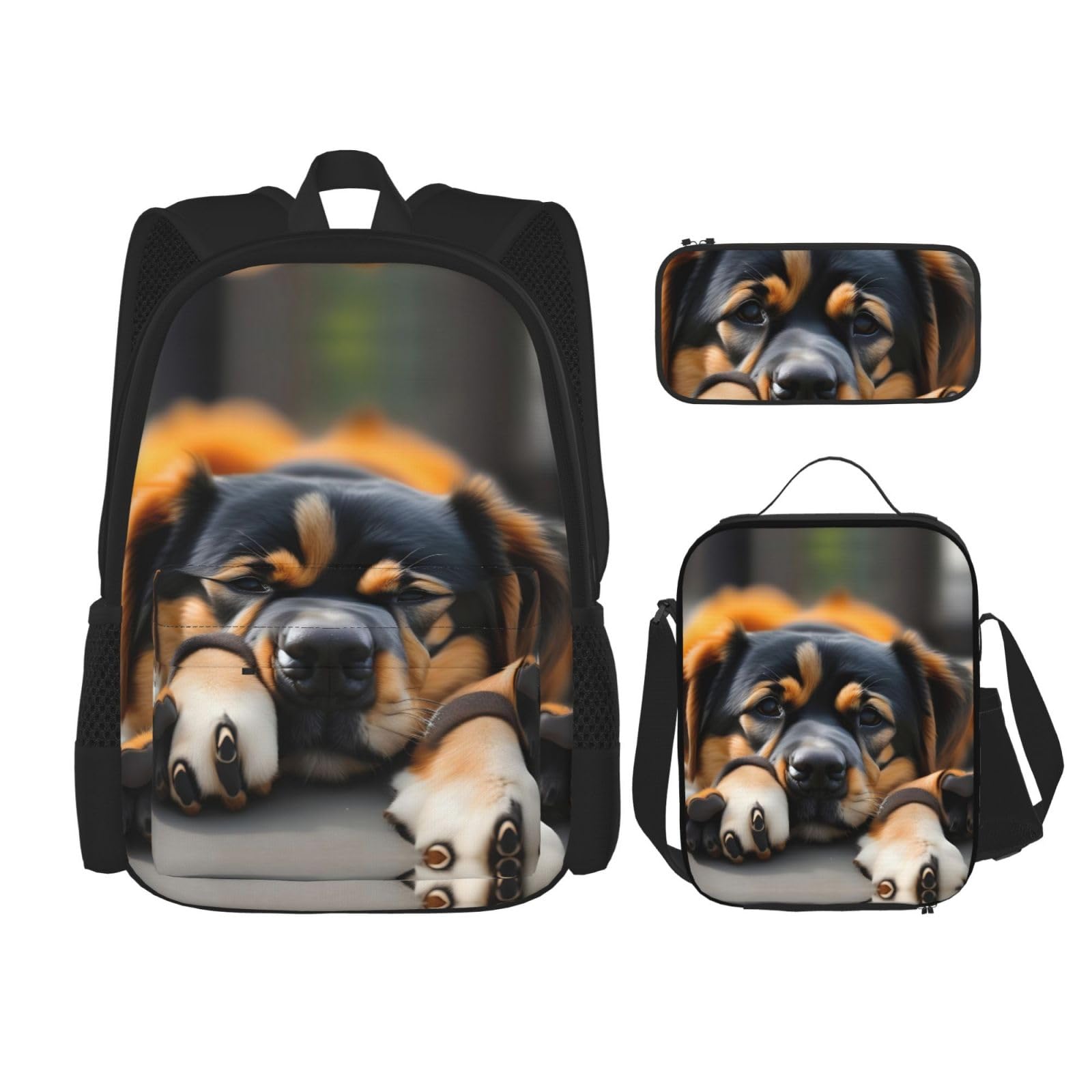 WURTON Lover Dog Paw Print Lunchbox Federmäppchen Rucksack Set 3 Stück Verstellbare Gurte Langlebig Leicht, Schwarz, One Size