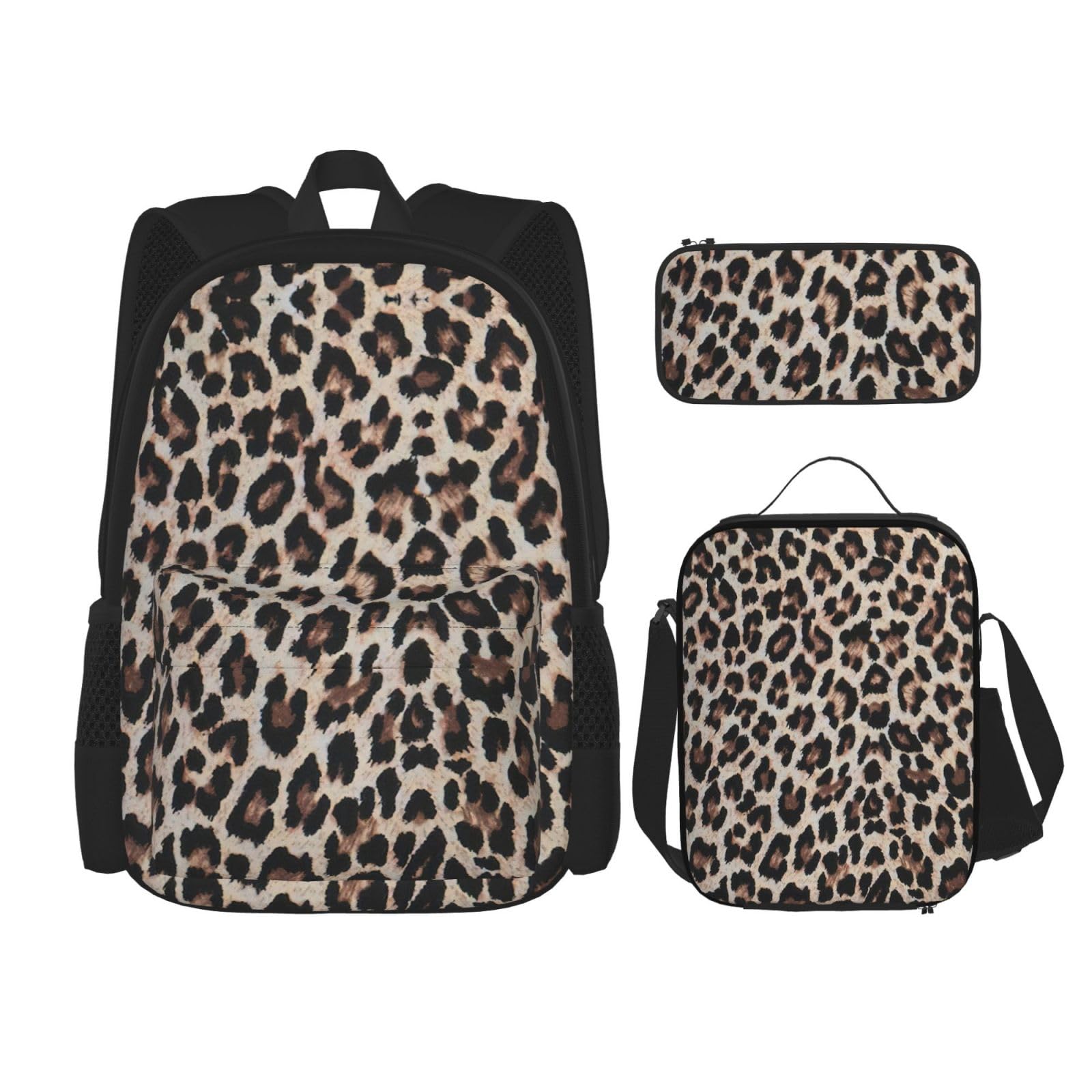 WURTON Rucksack mit Leopardenmuster, für Mädchen, Jungen, Schultaschen, Teenager, Lunchbox und Federmäppchen, 3-in-1-Büchertaschen-Set