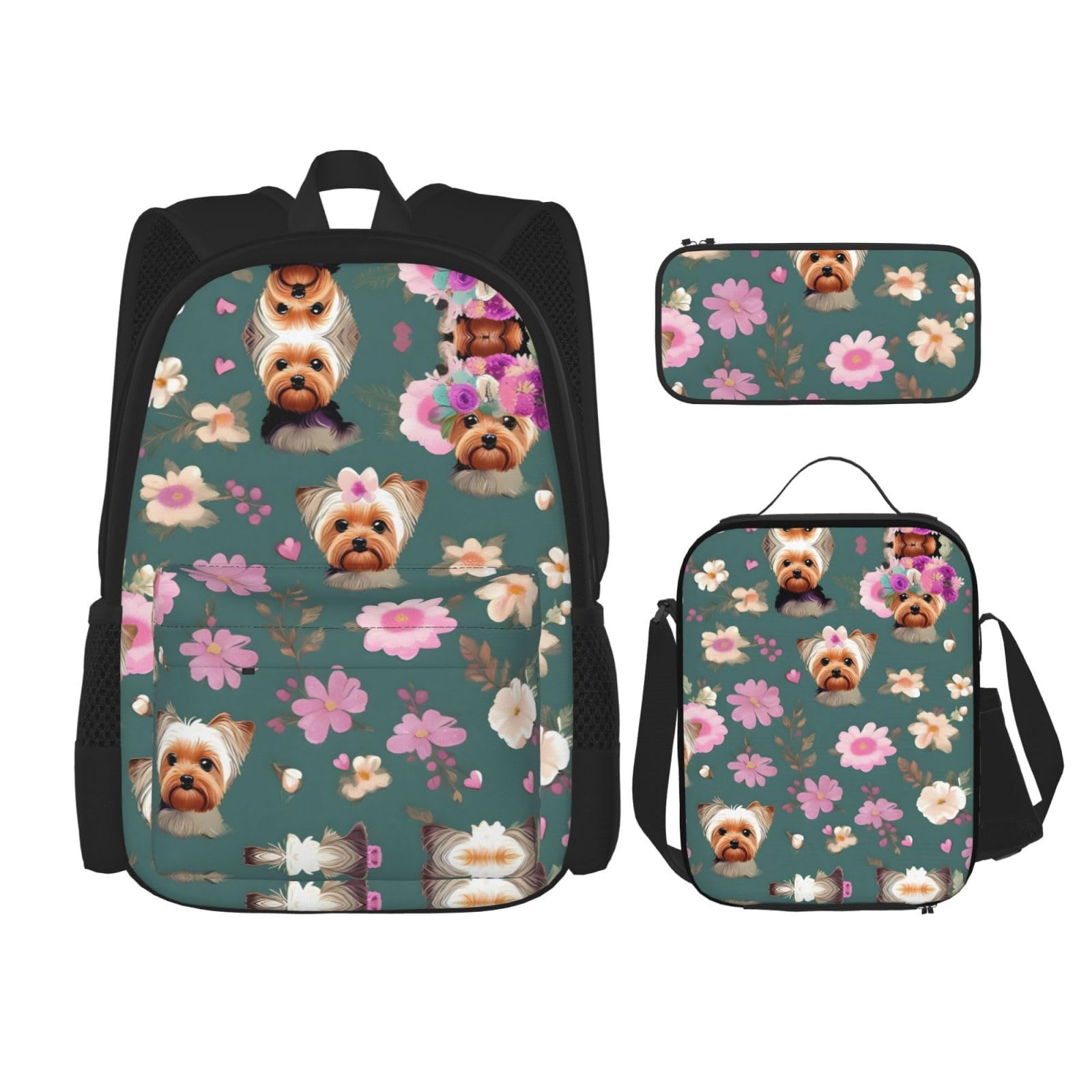 WURTON Yorkie Blumenmuster Druck Lunchbox Federmäppchen Rucksack Set 3 Stück Verstellbare Träger Langlebig Leicht, Schwarz, One Size