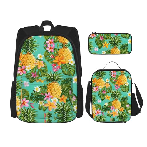 WURTON Rucksack mit tropischen Früchten, Ananas-Druck, für Mädchen und Jungen, Schultaschen, Teenager, Lunchbox und Federmäppchen, 3-in-1-Büchertaschen-Set