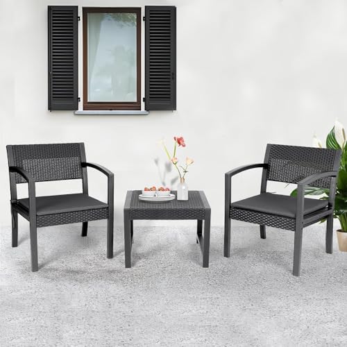 Sekey Balkonmöbel Set, 3 Teilig Gartenmöbel-Set aus PE-Polyrattan Wetterfest, Tisch und 2 Stühle mit Sitzkissen, Sitzgruppe Lounge Set, Terrassenmöbel für Terrasse, Balkon, Garten, Schwarz