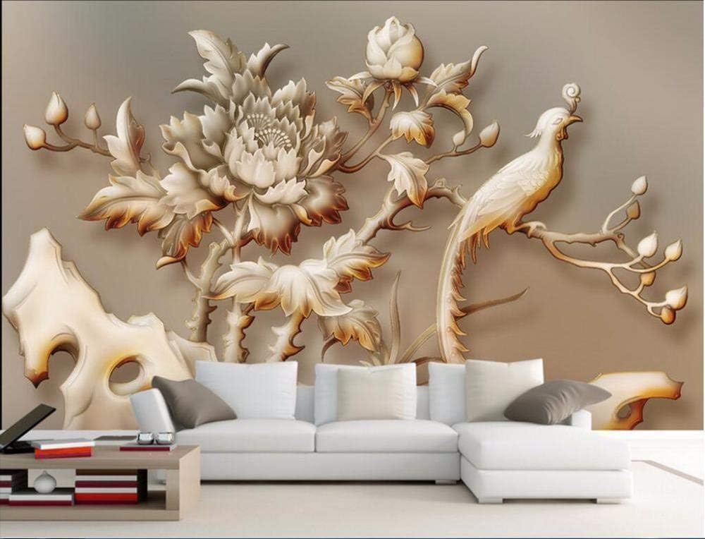 Große Jade Schnitzerei Pfingstrose Blume Vogel 3D Tapete Poster Restaurant Schlafzimmer Wohnzimmer Sofa TV Dekorative Wand-250cm×170cm