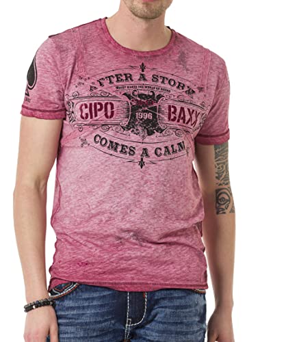 Cipo & Baxx Herren T-Shirt Print Batik Kurzarm Rundhals Streetstyle Baumwolle CT703 Burgundy M