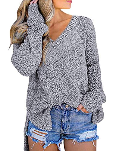 Damen Strickpullover V-Ausschnitt Langarm Pullover Strickpulli Loose Pulli Oberteile Tops Unregelmäßiger Saum Sweater (Grau, L)