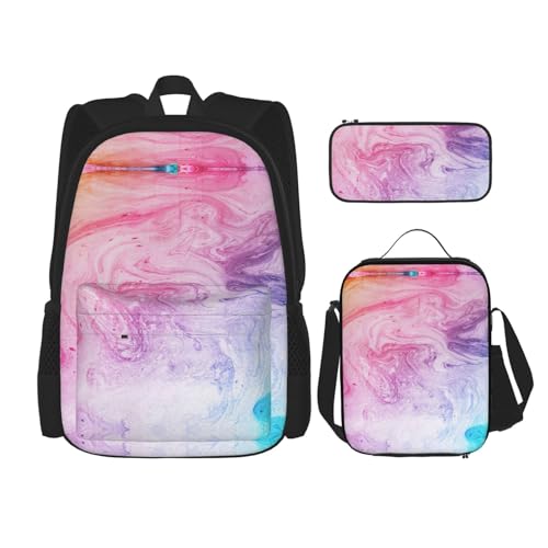 WURTON Schulrucksack-Set mit buntem Marmor, Pastellrosa, Blau, Lila, 3-in-1, Büchertaschen-Set mit Lunchbox, Federmäppchen, Reise-Laptop, Tagesrucksäcke