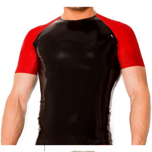 Sexy Latex-Shirt mit schwarzen und roten Borten und halben Ärmeln,schwarz mit rot,XXL