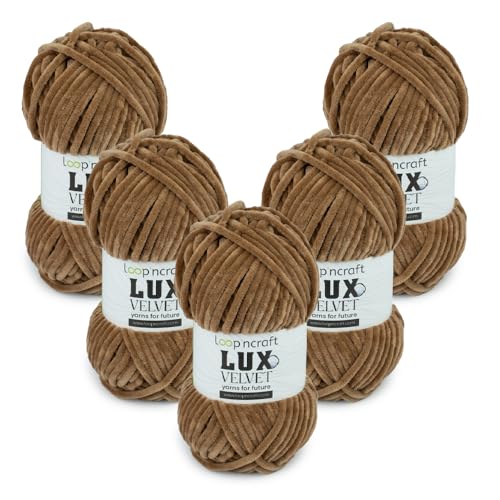 Chenille Wolle 5er-Set, Milch-Braun, Loopncraft, 5 X 100g, Lux Velvet, Super Weiches Samtgarn