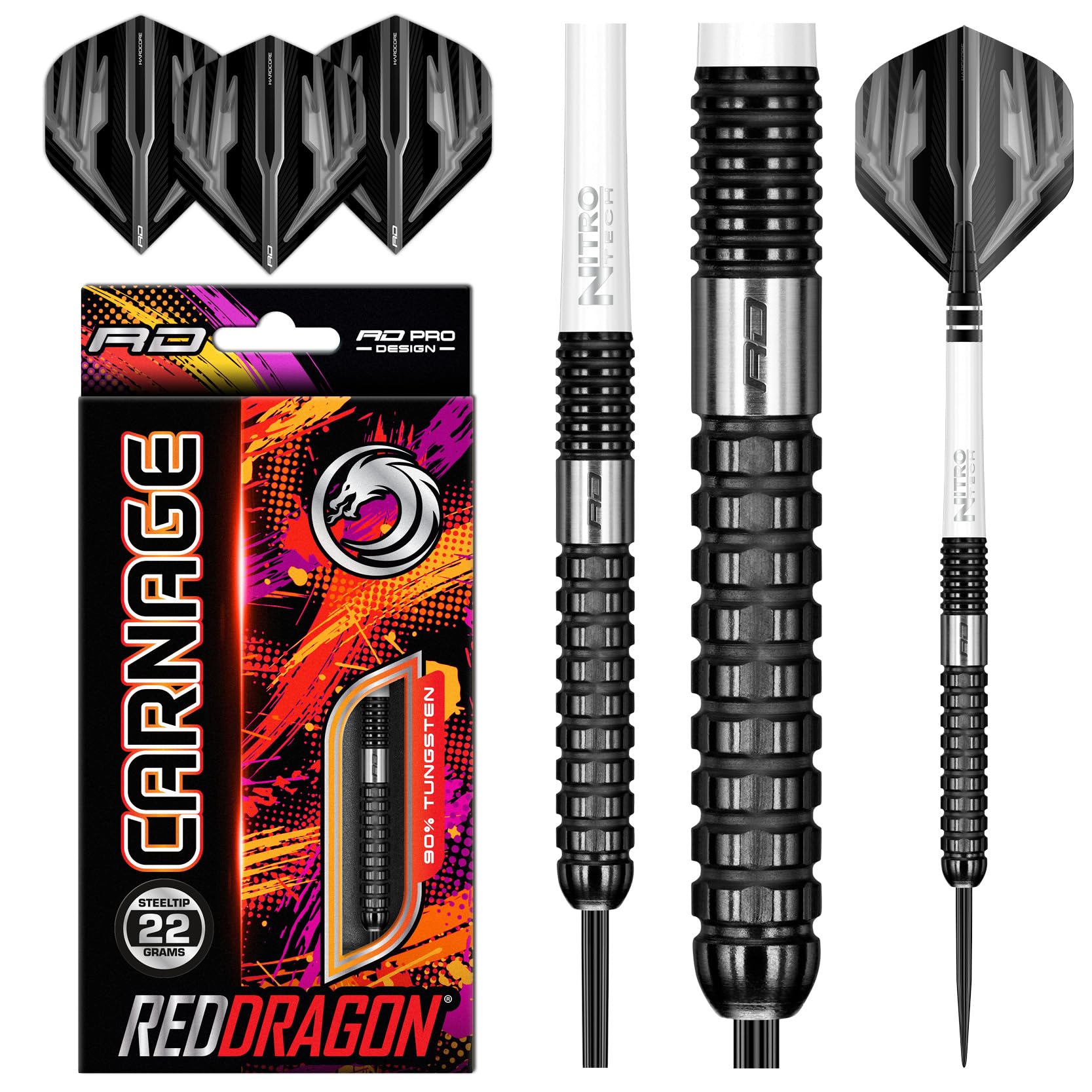 RED DRAGON Carnage 2: 22g Tungsten Darts mit Flights und Schäfte