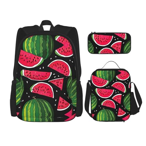 WURTON Rucksack mit Wassermelonen-Druck, 3-in-1, Büchertaschen-Set, Lunchbox, Federmäppchen, Reise-Laptop, Tagesrucksäcke