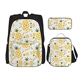 WURTON Pineapple Print Trendy Rucksack Taschen Lunchbox und Federmäppchen 3 in 1 Verstellbarer Rucksack Set, Schwarz , Einheitsgröße