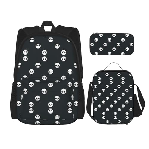 WURTON 3-in-1 Büchertaschen-Set mit Totenkopf-Motiv, Lunchbox, Federmäppchen, Reise-Laptop-Tagesrucksäcke