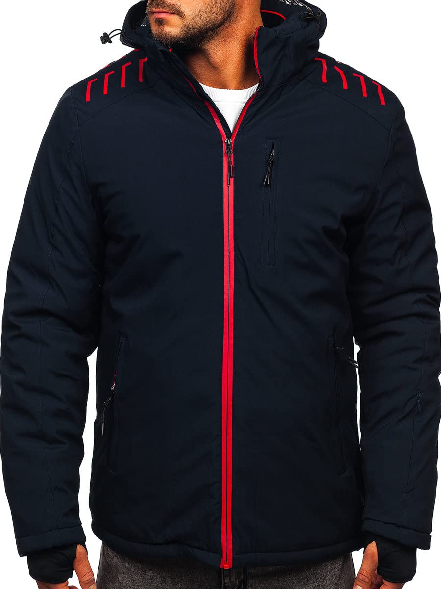 BOLF Herren Winterjacke Skijacke Snowboardjacke mit Reißverschluss und Kapuze Bündchen Outdoor Freizeit 6580 Dunkelblau S [4D4]