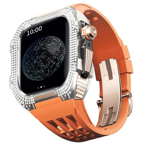 KANUZ Mod-Kit für Apple Watch Serie 6, 5, 4, SE, 44 mm, Gehäuse aus Titanlegierung und Gummiband für iWatch 6, SE, 5, 4, 44 mm, Ersatz-Uhrenarmbandzubehör (Farbe: Orange 6, Größe: 44 mm)