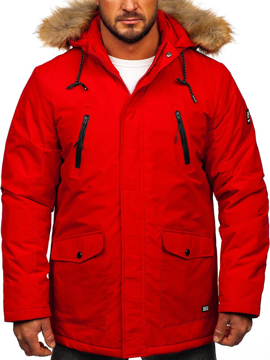 BOLF Herren Parka Jacke Winterjacke Gefüttert mit Kapuze Wintermantel Kapuzenjacke Lang Wärm Winter Herbst Freizeit Outdoor Casual Style WX032A Rot XXL [4D4]