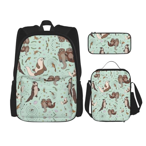 WURTON Rucksack mit Otter-Motiv, für Mädchen, Jungen, Schultaschen, Teenager, Lunchbox und Federmäppchen, 3-in-1-Büchertaschen-Set