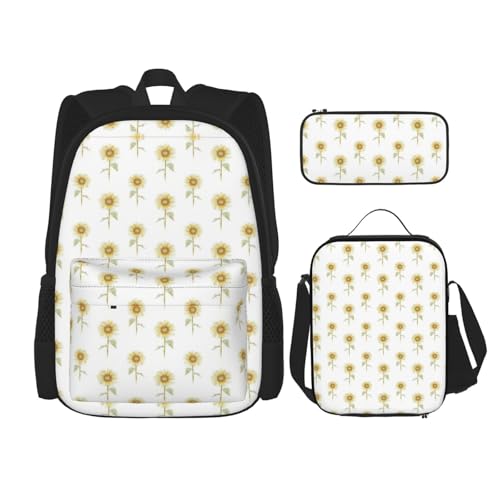 WURTON Sonnenblumen-Rucksack, handbemalt, Blumendruck, trendiger Rucksack, Tasche, Lunchbox und Federmäppchen, 3-in-1, verstellbares Rucksack-Set