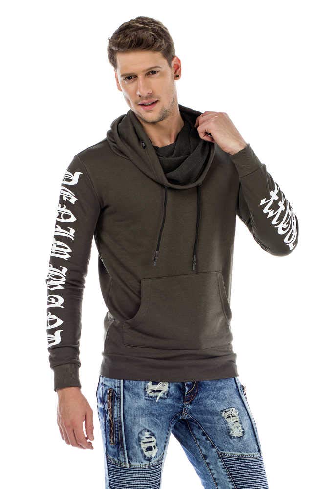 Cipo & Baxx Herren Sweatshirt Schalkragen Hoodie Casual Sweat Pullover Langarm Pulli mit Kordelzug Khaki S