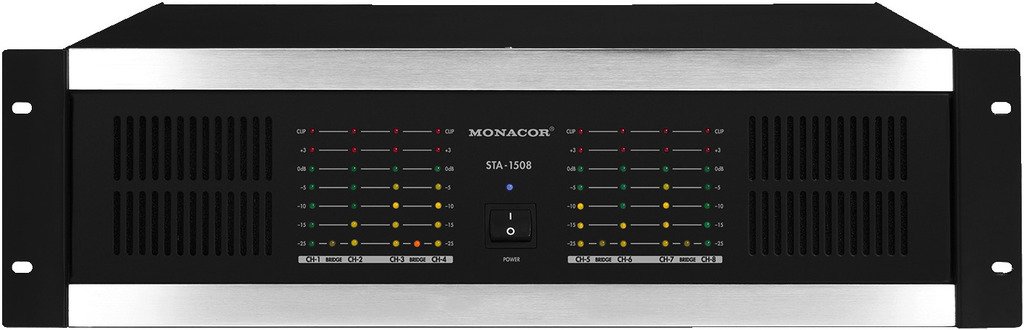 MONACOR STA-1508 Mehrkanal PA-Verstärker mit integriertem Limiter, 8-Kanal PA-Amplifier mit einer Leistung von 1800 Watt in Schwarz