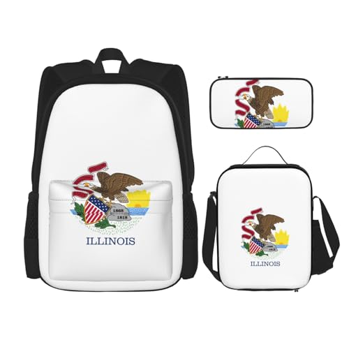 WURTON Illinois State Flag Print Travel Lunch Box Pencil Case Backpack Set 3 Pieces Adjustable Straps Lightweight, Black, One Size, Schwarz, One Size