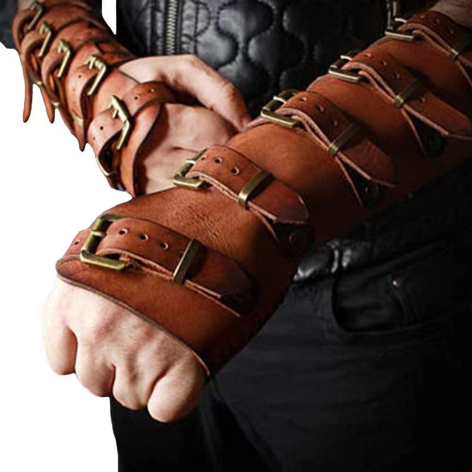 MDFCZXP Steampunk Wikinger Armschienen Armband Mittelalter Retro Riemenschnalle Bogenschießen Armschutz Verstellbare Lederhandschuhe Armschienen für Cosplay Armband Kostüm Requisiten 1 Paar,Braun,20cm