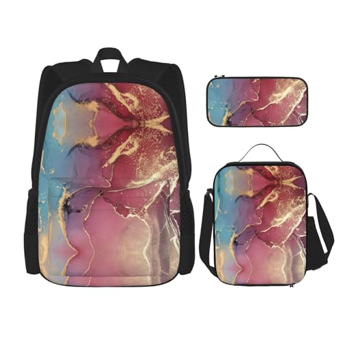 WURTON Rucksack mit Marmor-Textur-Druck, für Mädchen und Jungen, Schultaschen, Teenager, Lunchbox und Federmäppchen, 3-in-1-Büchertaschen-Set