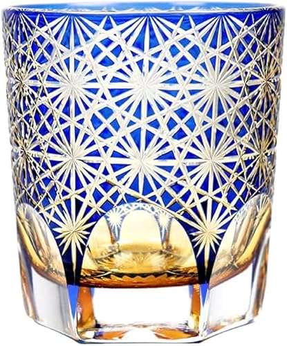 Bleifreies Kristallglas im japanischen Stil, handgefertigtes Kristallglas, Whiskyglas, Edo-Kiriko-Weinglas, blaue und bernsteinfarbene Blumen, Chrysantheme, 277 ml