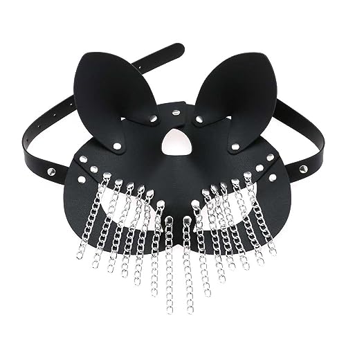 Aurgiarme PU Leder Katze mit Kette Quasten für Damen Herren Kostüm Cosplay Halloween Mysterious Half Face Punk