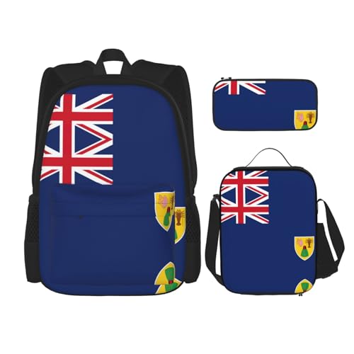 WURTON 3-in-1 Büchertaschen-Set, verstellbarer Schulter-Rucksack, Lunch-Tasche, Federmäppchen, Tasche, Flagge der Turks- und Caicosinseln, Einheitsgröße