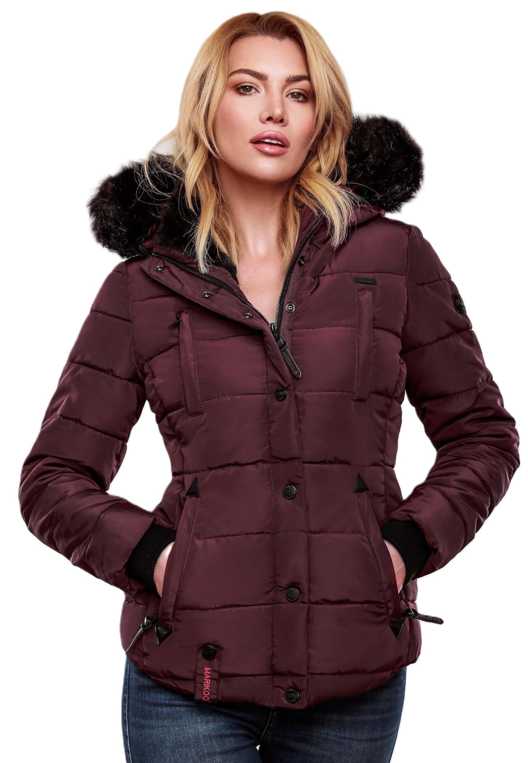 MARIKOO warme Damen Winter Jacke Winterjacke Steppjacke gefüttert Kunstfell B618 [B618-Lotus-Weinrot-Gr.XS]