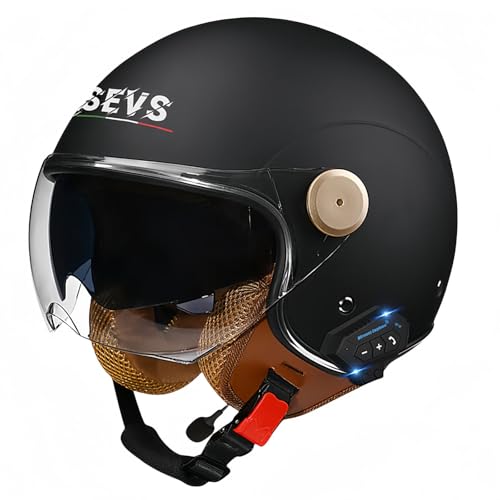 3/4-Bluetooth-Helm mit offenem Gesicht, Vintage-Motorrad-Halbhelm, ECE-zugelassenes Moped mit Doppelvisier, Motorradhelm für Männer, Erwachsene, Frauen S,XXL63-64CM