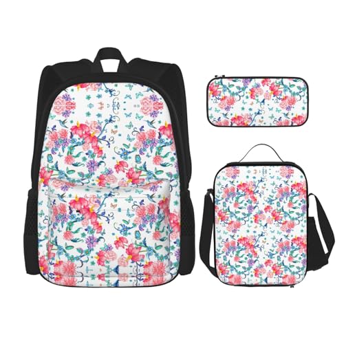 WURTON Romantische, ausgefallene Lunchbox, Federmäppchen, Rucksack-Set, 3-teilig, verstellbare Riemen, leicht