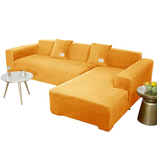 JHLD Sofabezug L Form, Stretch Sofabezug Samt L-förmiger Sofabezug Weiche Anti-rutsch Sofa Überwürfe Für Ecksofa-Golden-3 Sitzer+3 Sitzer