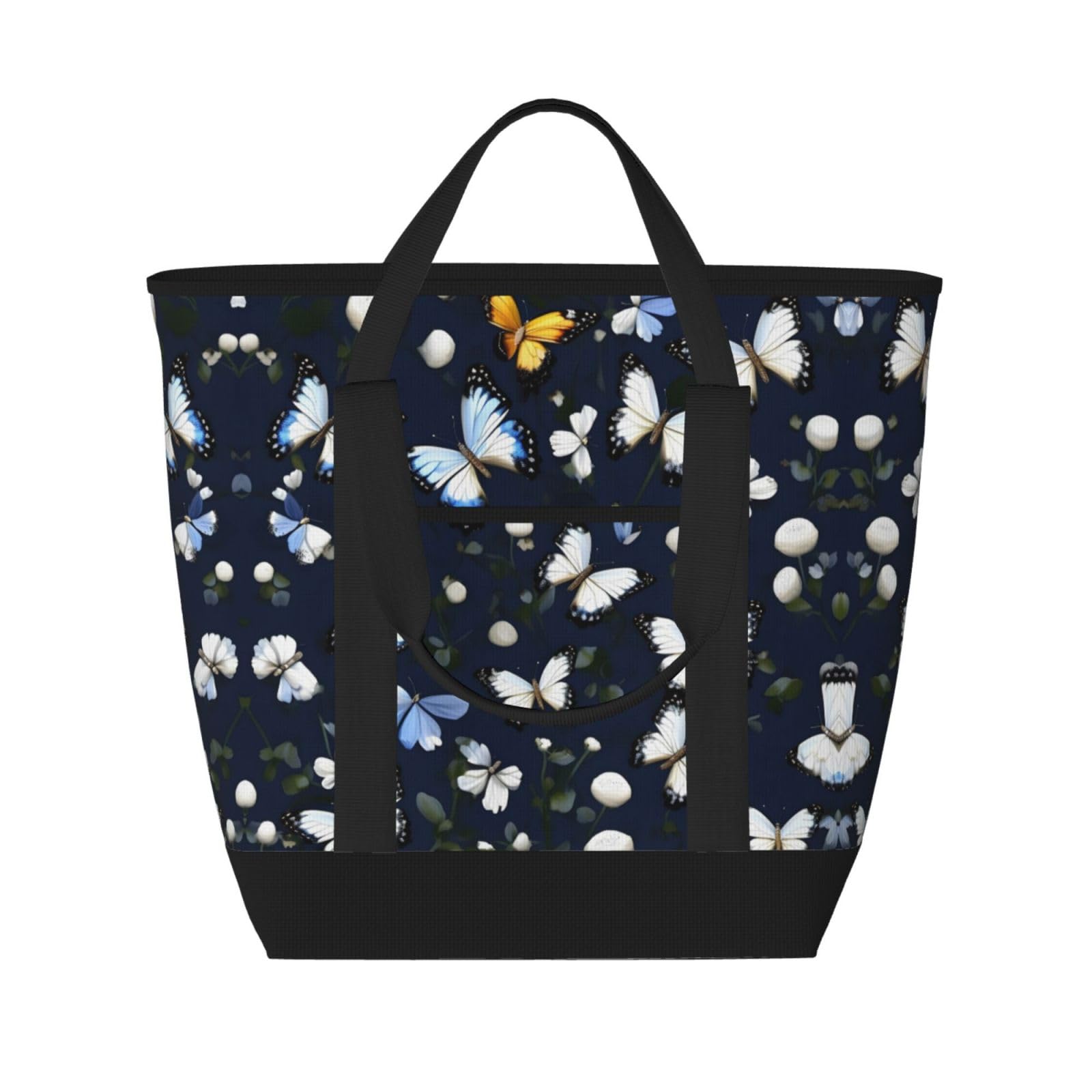 YQxwJL Isolierte Kühltasche, Einkaufstasche, Einkaufstasche, für Reisen, Strand, wiederverwendbar, für Erwachsene, Motiv: weiße Blüten mit blauen Schmetterlingen, Schwarz, Einheitsgröße