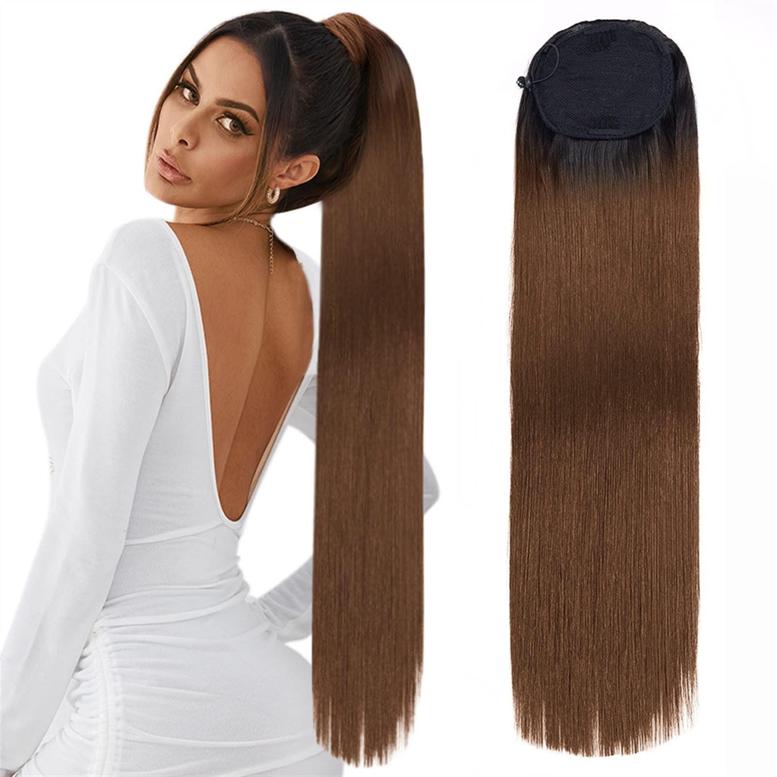 Pferdeschwanz Haarteil Extensions for Frauen, hitzebeständig, Kunsthaar, synthetischer langer, gerader Pferdeschwanz, Kordelzug, Pferdeschwanz, Clip-in-Haar Pferdeschwanz Haarverlängerung(T2-30,30inch