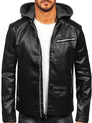 BOLF Herren Lederjacke Kunstlederjacke Bikerjacke Übergangsjacke Steppjacke Kapuze Motorradjacke Pilotenjacke Fliegerjacke Bomberjacke Stehkragen Casual Style 11Z8022 Schwarz M [4D4]