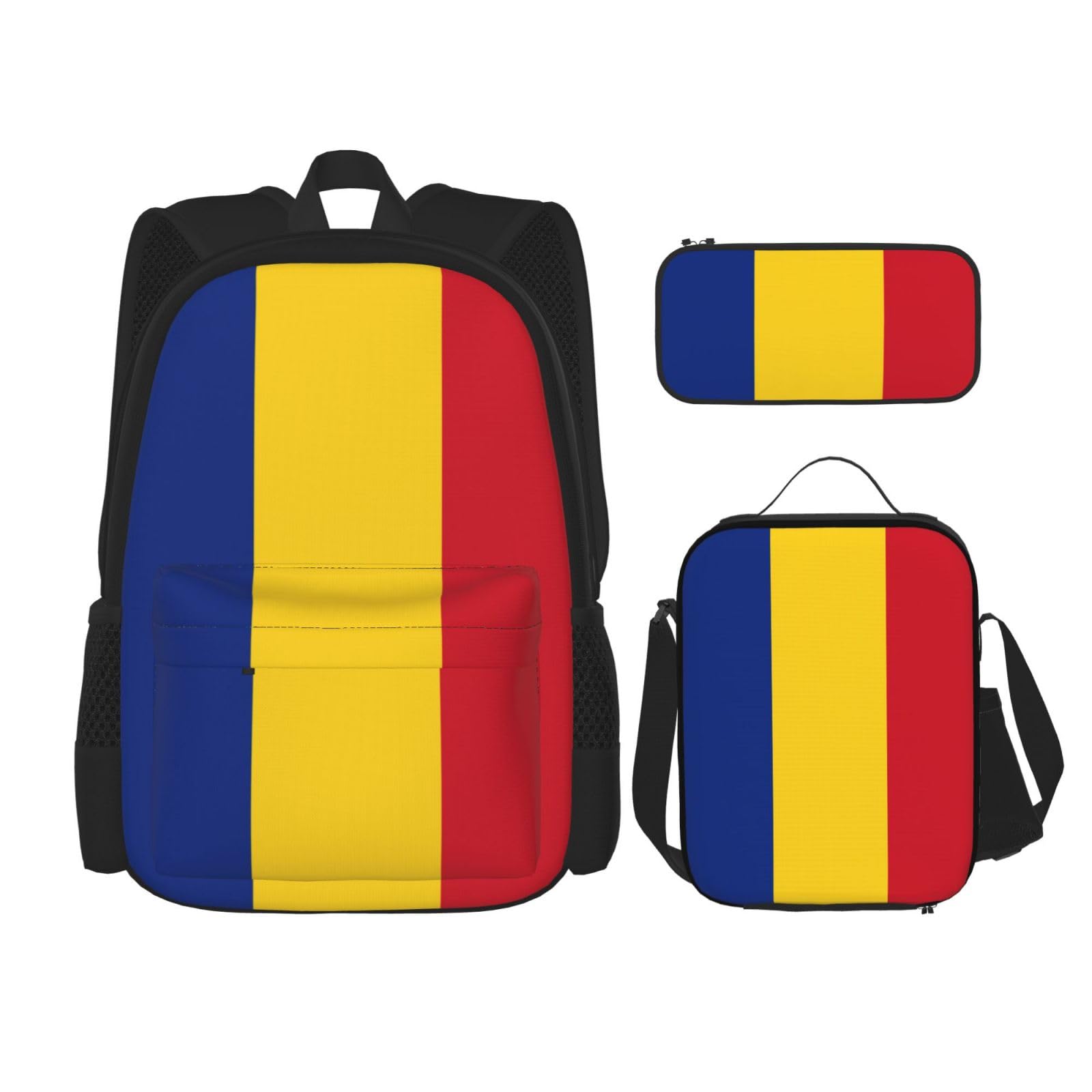 WURTON Rucksack, Motiv: Flagge von Rumänien, Schultasche mit Lunchtasche, Federmäppchen, Kombination, Schulranzen-Set, Schwarz , Einheitsgröße