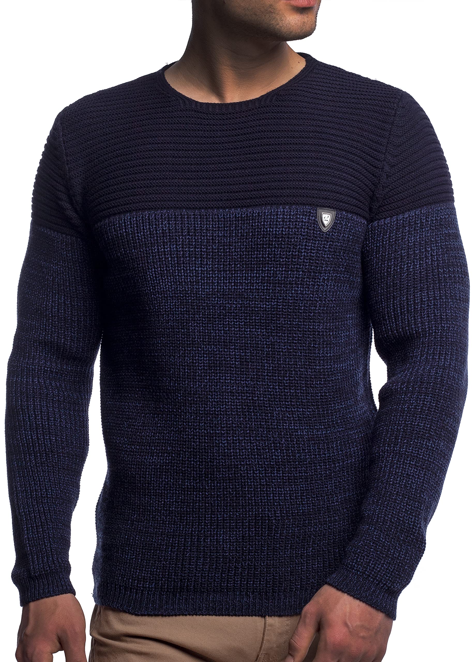 Herren Strick-Pullover Rundhals mit Logopatch | Männer Winter-Pullover |stylischer Herren Strick-Pulli | warmer Männer Pulli Grobstrick| Herren Basic Longsleeve Sweatshirt sweater K-114 Navy 5XL