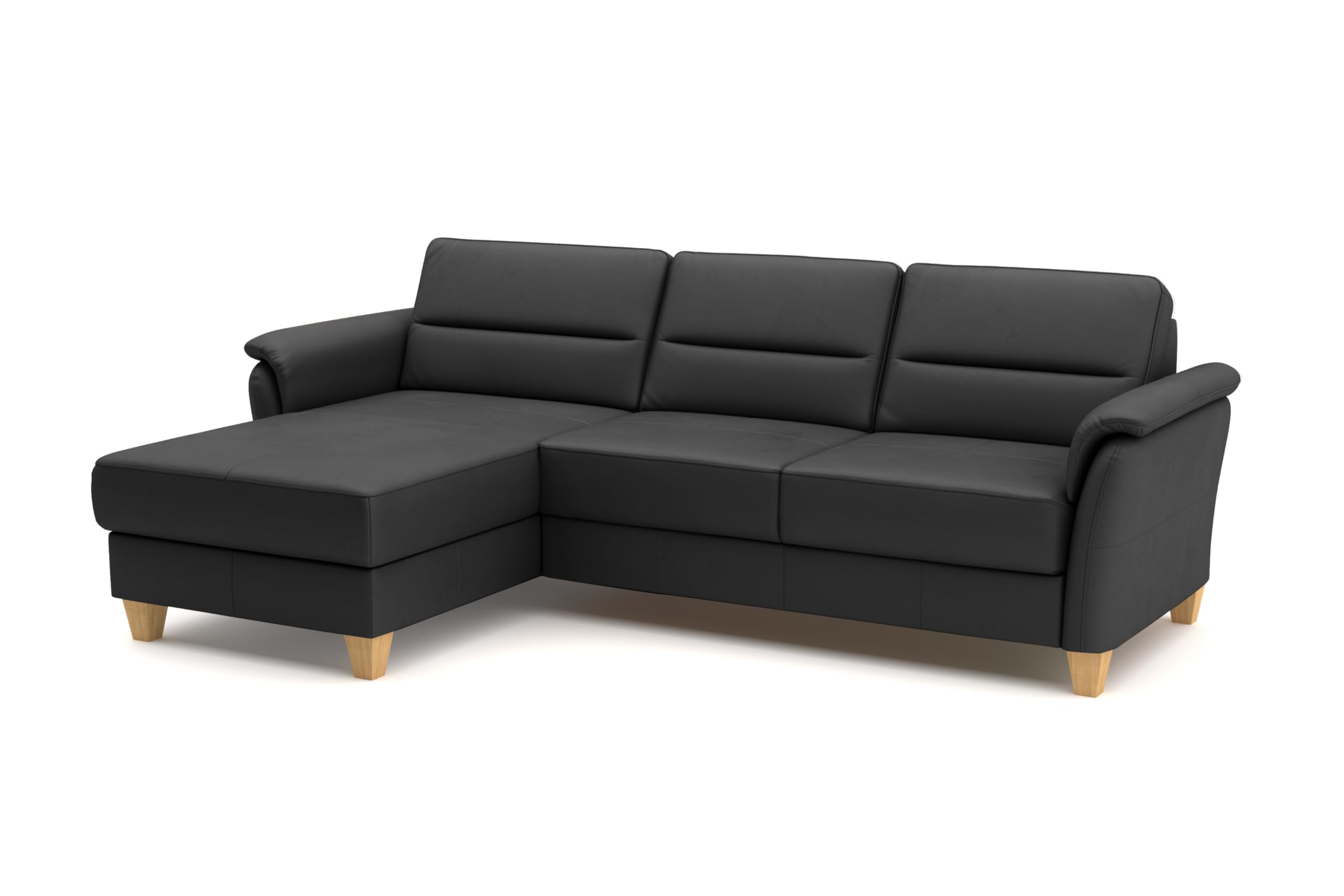 CAVADORE Leder-Eckcouch Palera mit Longchair / Landhaus-Sofa mit Federkern + massiven Holzfüßen / 244 x 89 x 163 / Leder Schwarz