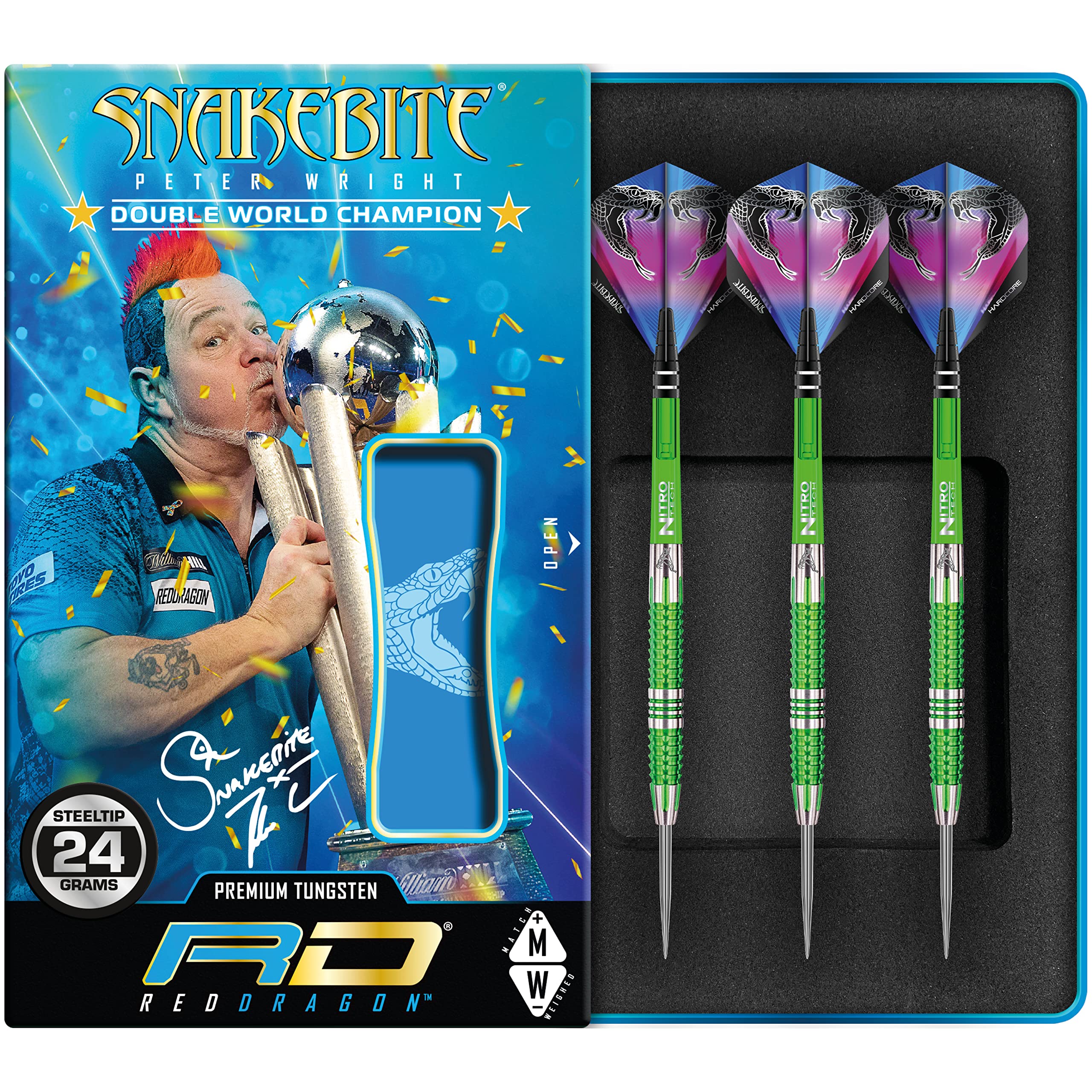 RED DRAGON Peter Wright Snakebite Mamba 2: 24g Tungsten Darts mit Flights und Schäfte