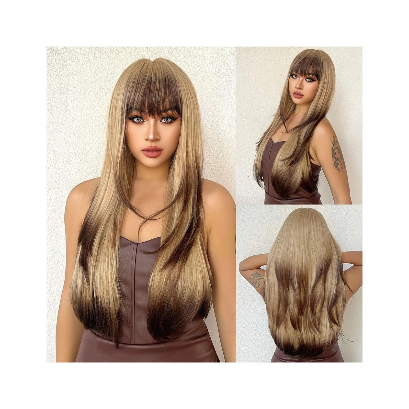 Perücken für Frauen Ombre Blonde Braune synthetische Perücken mit Pony, lange gerade Perücke for Frauen, Cosplay, natürliches Kunsthaar, Hochtemperaturfaser für den täglichen Gebrauch(LC3037-1)