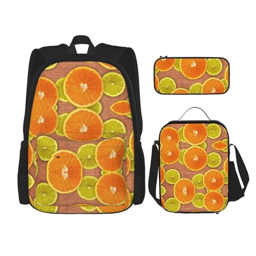 WURTON Schulrucksack-Set mit Zitronen- und Orangen-Druck, 3-in-1-Büchertaschen-Set mit Lunchbox, Federmäppchen, Reise-Laptop-Tagesrucksäcke