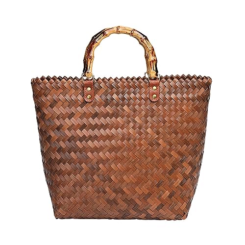 ohodhmnu Damen-Tragetasche, Retro-Handtasche aus gewebtem Stroh, stilvolle und funktionale Tasche für Strand, Urlaub oder Freizeitausflüge, aprikose, with ribbon