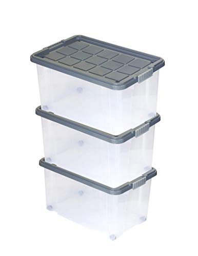 Unimet 3er Set Eurobox mit Deckel und Rollen 60 X 40 X 33 cm stahlgrau Griffe Silber