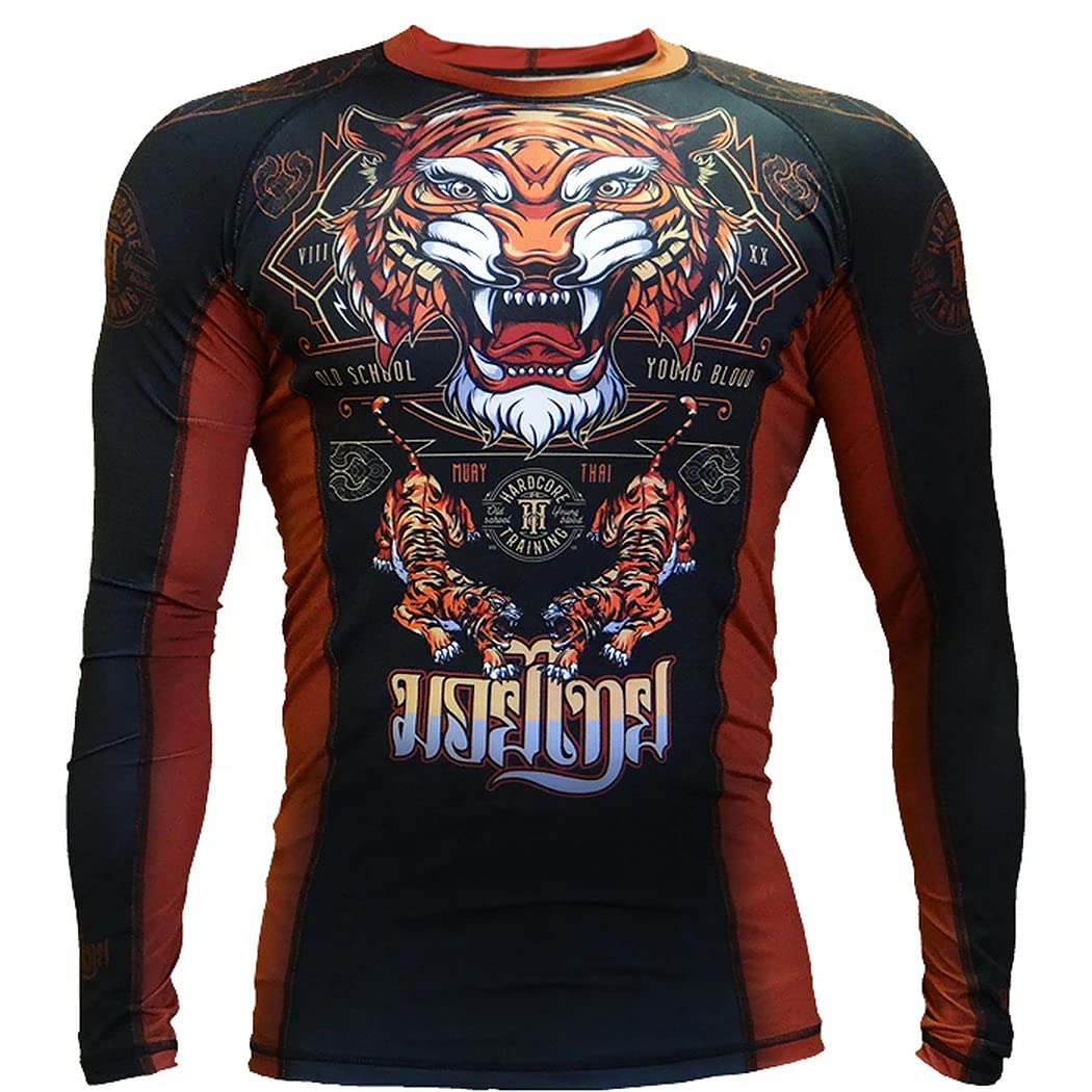 Hardcore Training Tiger Schwarz Rash Guard Men's Kompressionshemd Herren Lange Ärmel Grappling Jiu Jitsu MMA Fitness Boxen No Gi