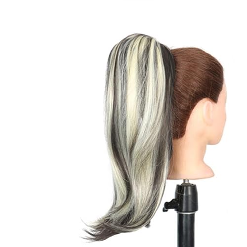 Pferdeschwanz Haarteil Synthetischer gerader Pferdeschwanz Wrap-Around-Clip in Haarverlängerungen aus Haar-Naturhaarteil-Faser schwarzblonder Pferdeschwanz Pferdeschwanz Haarverlängerung(Color:P12/613